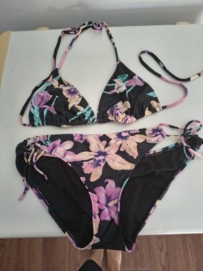 Roxy Black Triangle Bikini with Pink and Purple Floral Print